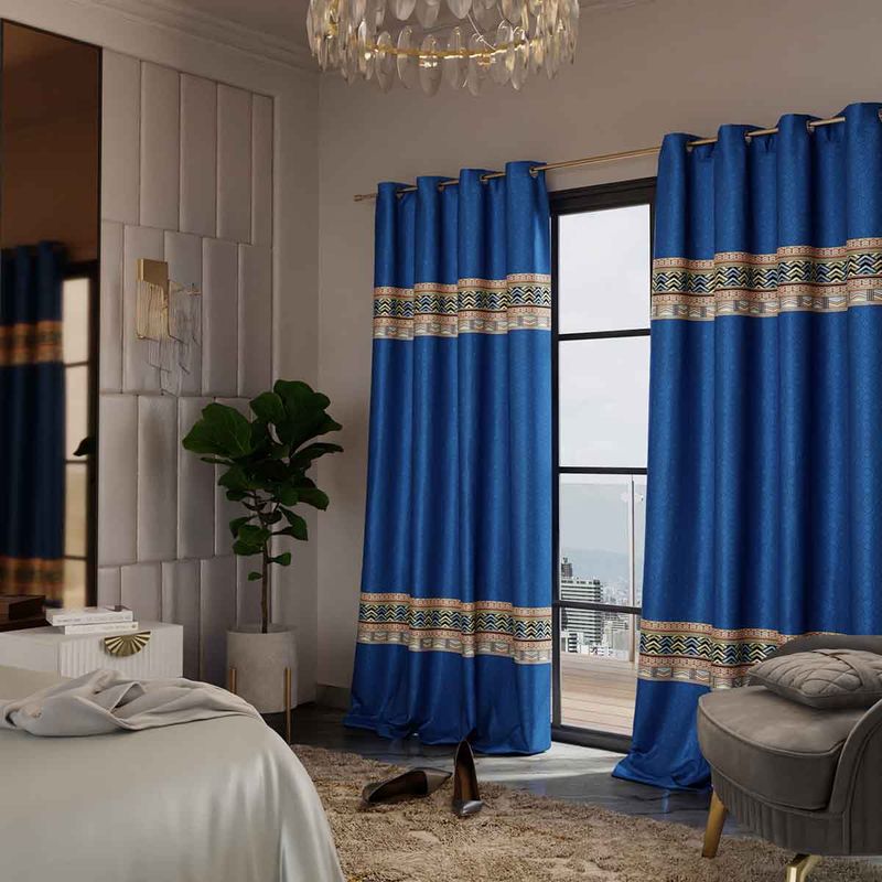Stoa Paris Printed Celestial Blue Door Curtain with Back Lining (4X6 Feet) (Set of 2 Curtains)