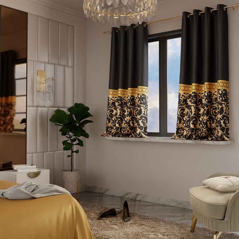 Stoa Paris Printed Regal Slate Window Curtain with Back Lining (4X5 Feet) (Set of 2 Curtains)