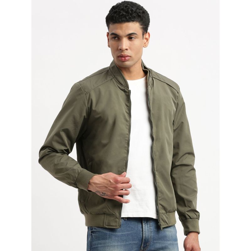 SHOWOFF Mens Mandarin Collar Olive Solid Bomber Jacket XL