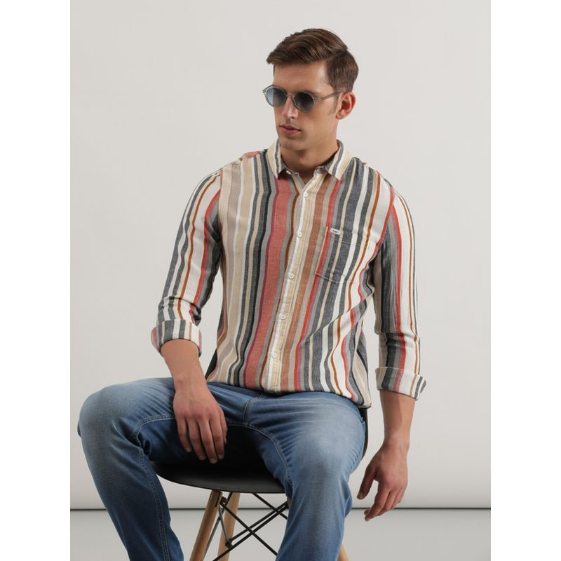 Lee Men Slim Striped Beige Shirt (M)