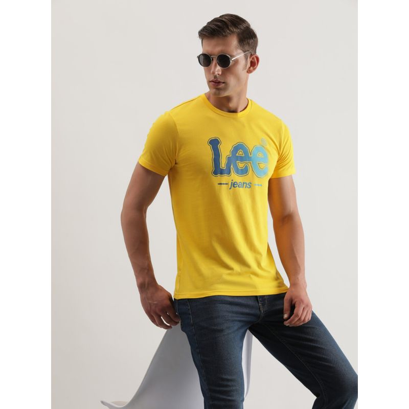 Lee Men Slim Graphic Print Yellow Crew Neck T-Shirt (M)