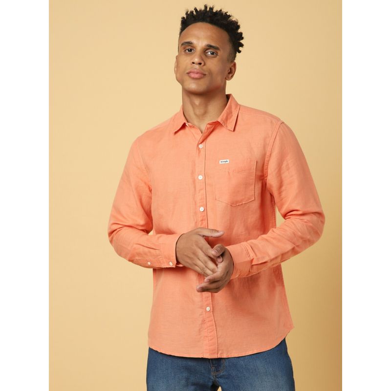 Wrangler Men Regular Solid Orange Shirt (S)