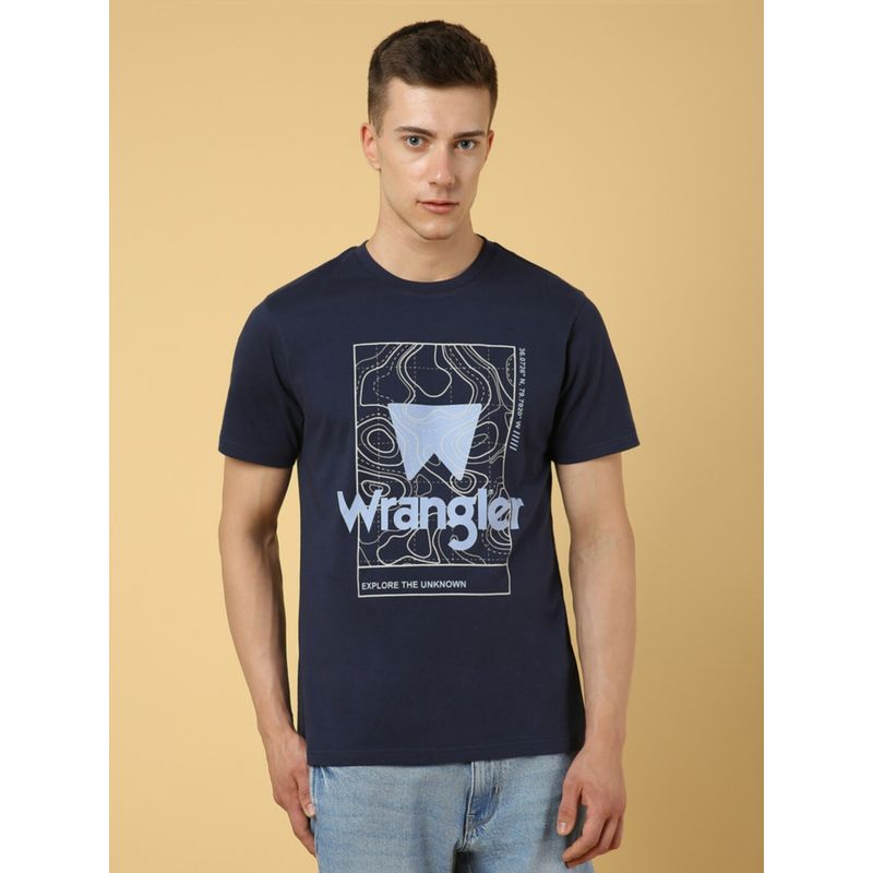 Wrangler Men Regular Graphic Print Blue Crew Neck T-Shirt (S)