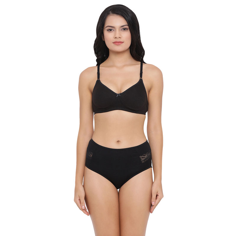 Clovia Cotton Rich Non-Padded Wirefree T-Shirt Bra & High Waist Hipster Panty - Black (36B)