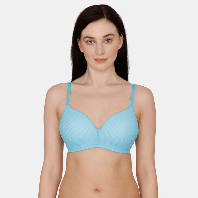 Zivame Embossed Mesh Medium Padded Non Wired 3/4th Coverage T-Shirt Bra Seaport - Blue (38D)