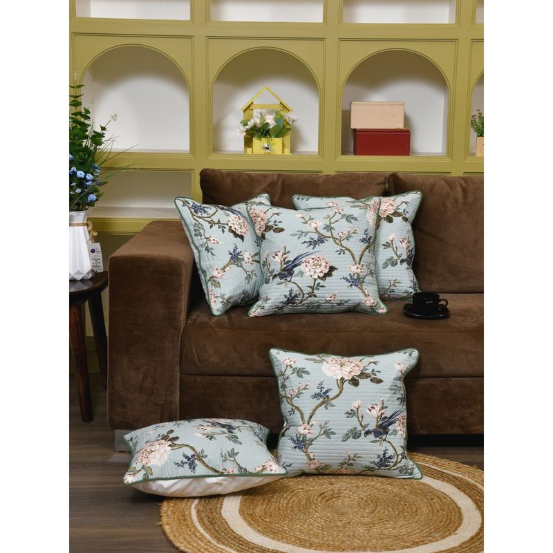 The Home Story Clasiko Cotton Cushion Covers Light Flowers On Blue (Pack of 5) (16x16 inches)