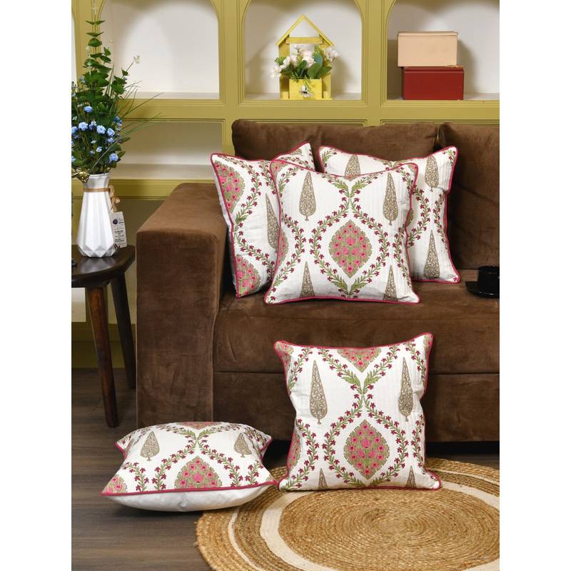 The Home Story Clasiko Cotton Cushion Covers Pink Beige Block Print (Pack of 5) (22x22 Inches)