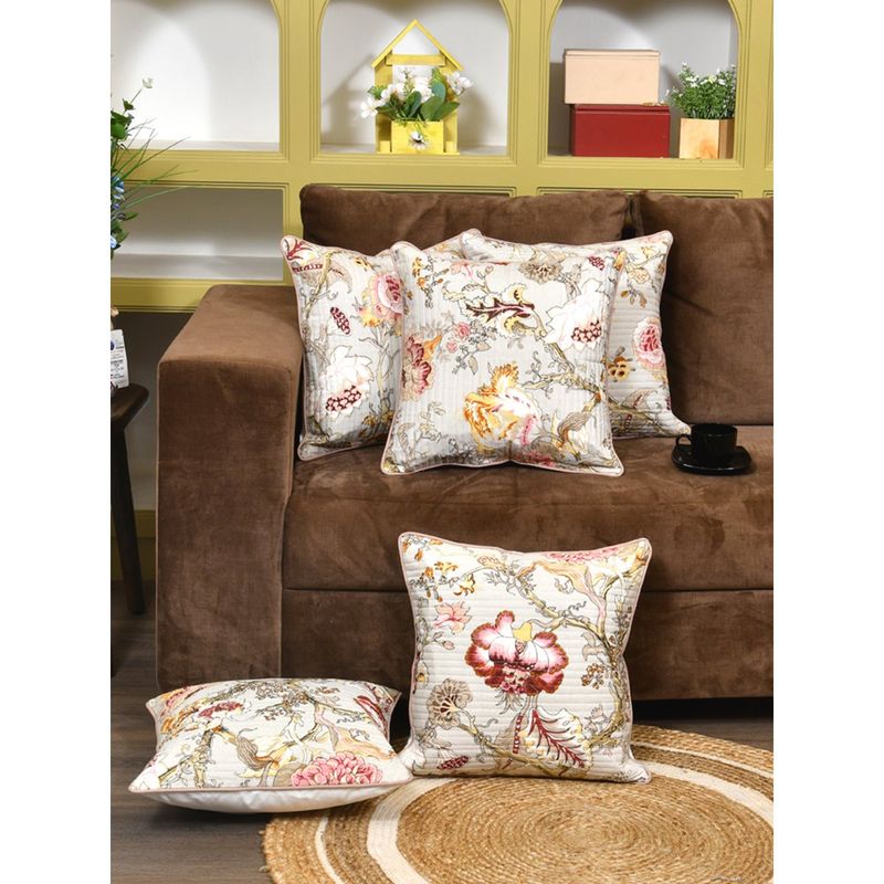 The Home Story Clasiko Cotton Cushion Covers Multicolor Flowers On Beige (Pack of 5) (12x12 inches)