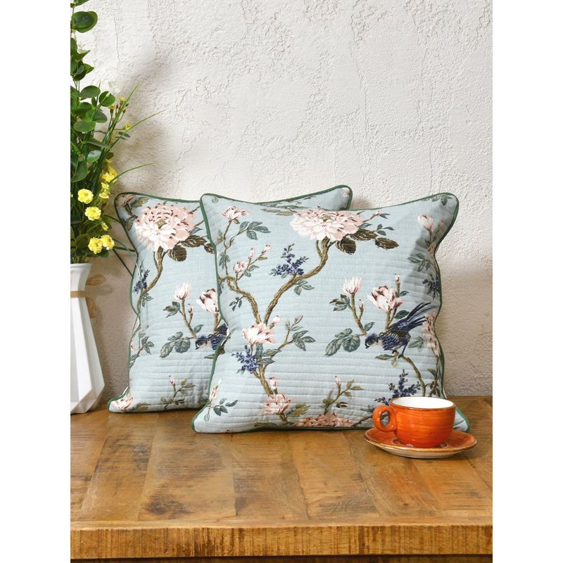 The Home Story Cotton Cushion Covers Light Flowers On Light Blue (Pack of 2) (12x12 inches)