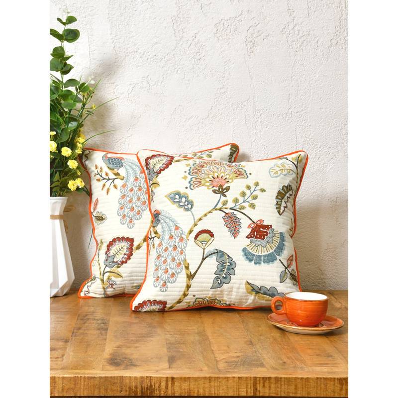 The Home Story Cotton Cushion Covers Multicolor Peacock (Pack of 2) (24x24 inches)