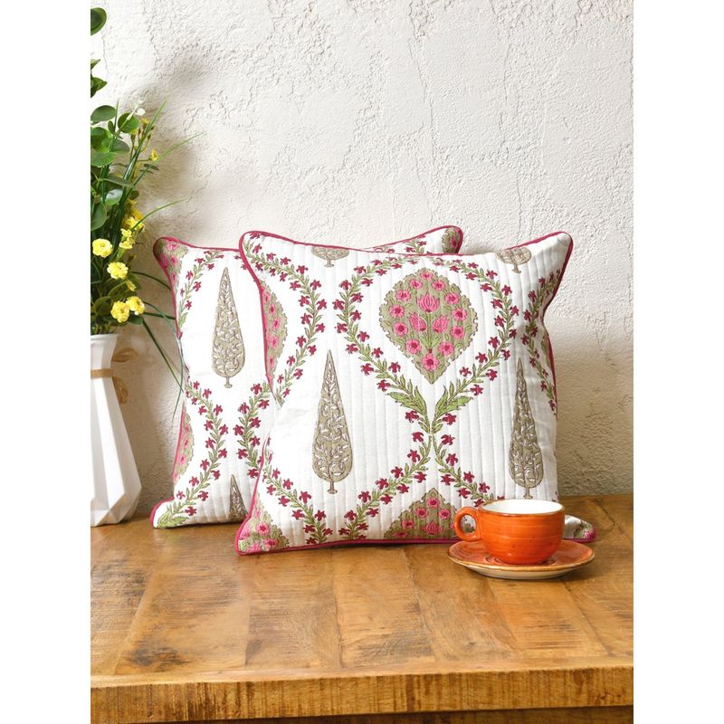 The Home Story Cotton Cushion Covers Pink Beige Block Print (Pack of 2) (16x16 inches)