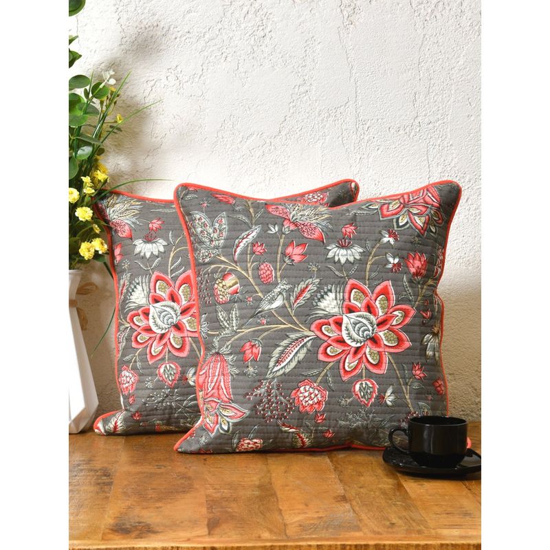 The Home Story Cotton Cushion Covers Pink Flowers (Pack of 2) (16x16 inches)