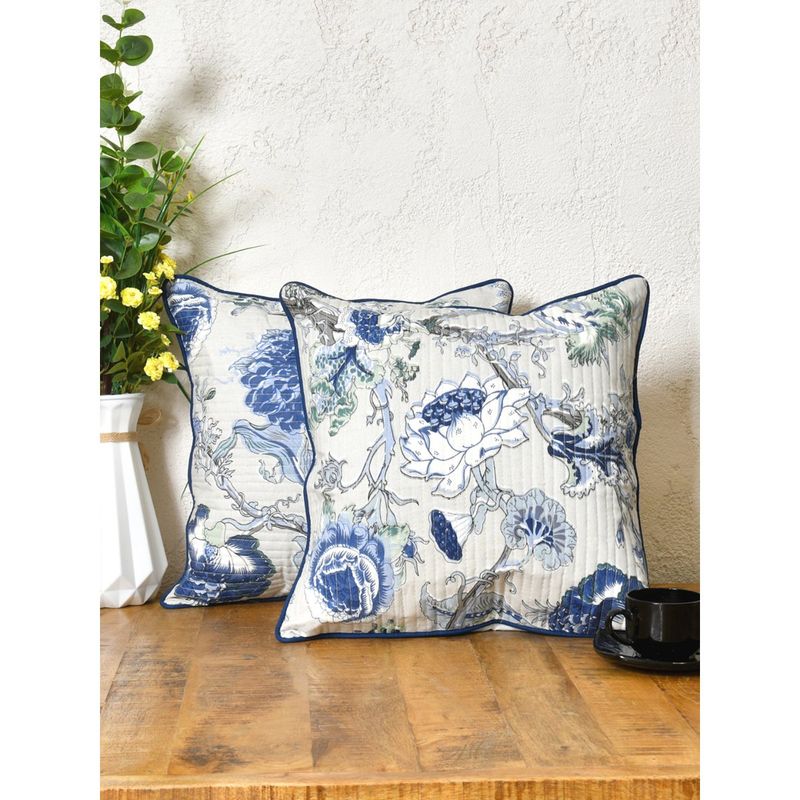 The Home Story Cotton Cushion Covers Blue Flowers (Pack of 2) (12x12 inches)