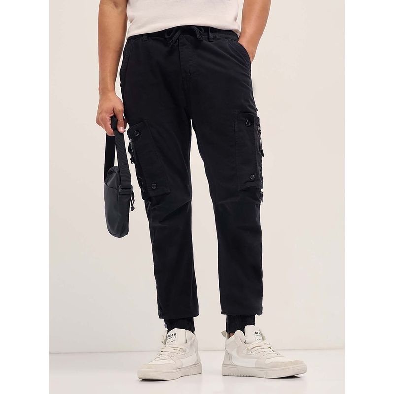 THE BEAR HOUSE Men Black Solid Relaxed Fit Casual Cargo Joggers (31)