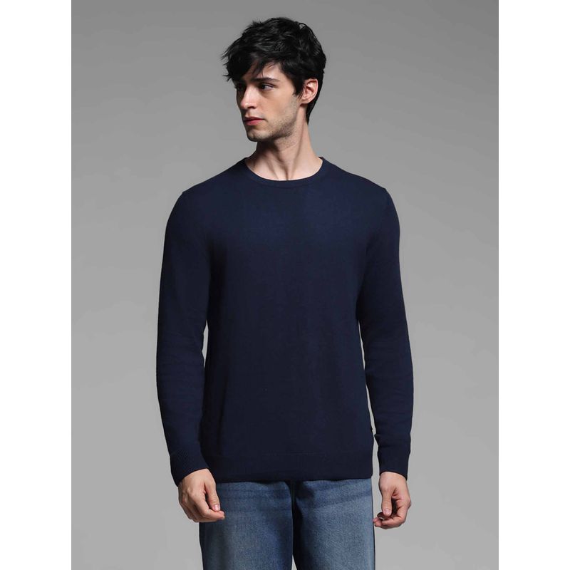 Jack & Jones Men Navy Blue Solid Regular Fit Sweater (L)