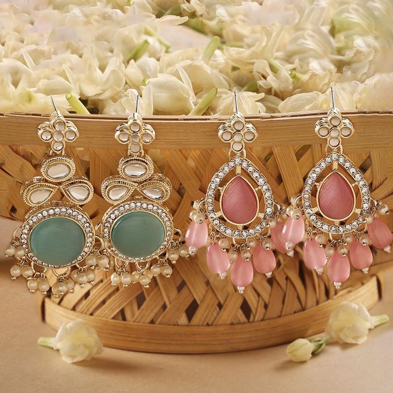 Buy Zaveri Pearls Set of 2 Turquoise Blue & Pink Kundan & AD Drop Earring Online