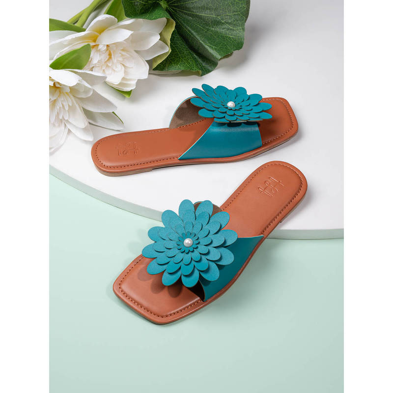 Hydes N Hues Supreme Quality Non Leather Hand Made Flower Teal Flats (EURO 36)