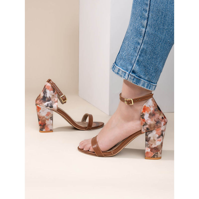 Hydes N Hues Fashion Digitally Printed Material Comfortable Ankle Strap Tan Sandal Heels (EURO 36)