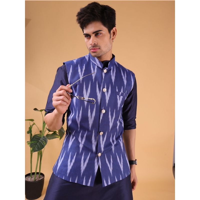 SHIWAM ETHNIX Navy Blue Cotton Blend Printed Nehru Jacket (S)