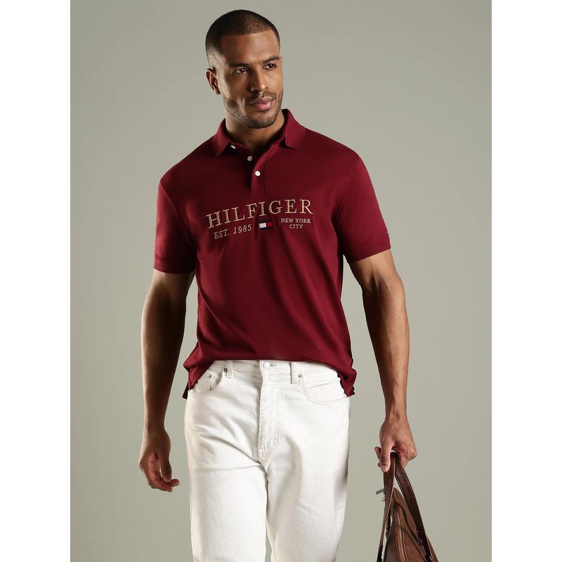 Tommy Hilfiger Men Maroon Brand Logo Regular Fit Cotton Polo T-shirt (S)
