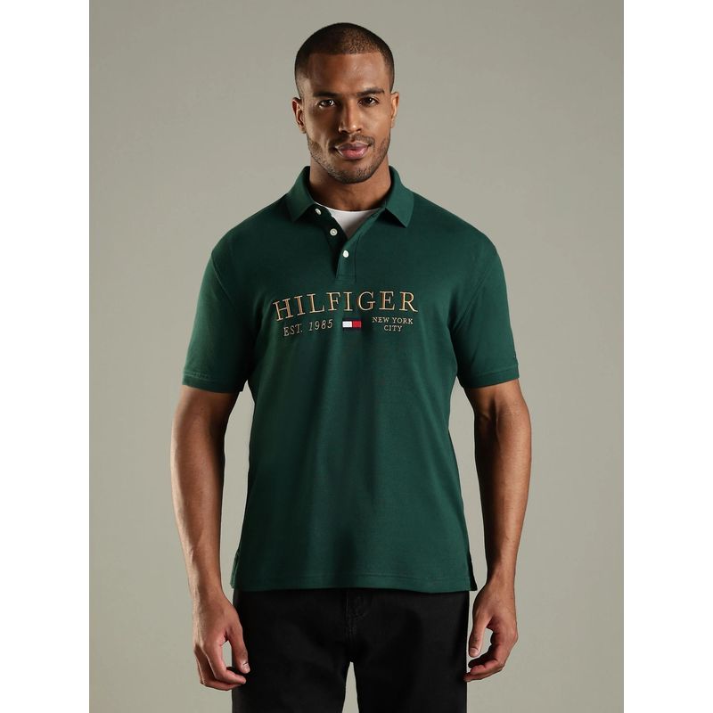 Tommy Hilfiger Men Green Brand Logo Regular Fit Cotton Polo T-shirt (L)