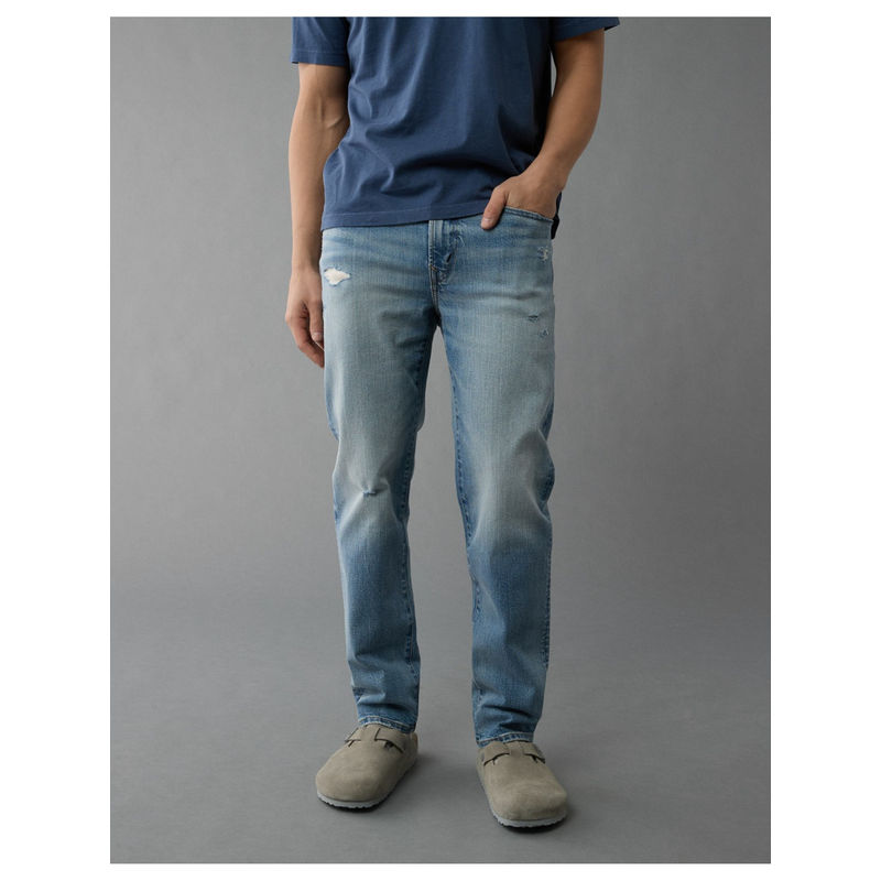 American Eagle Men Blue Easyflex Tencel Fibers Ripped Slim Straight Jeans (36 x 32)