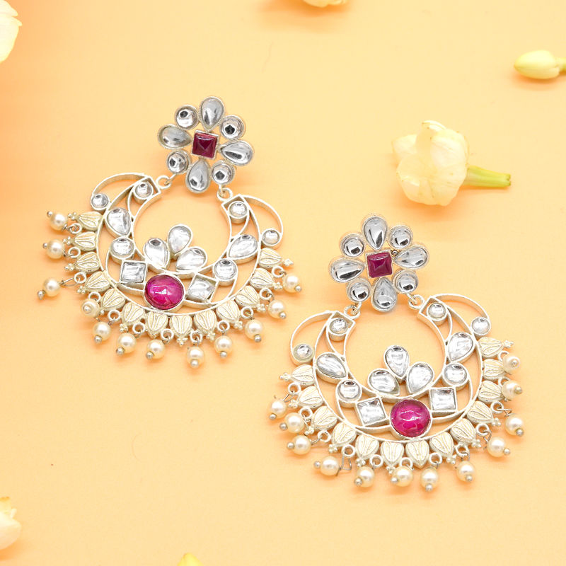 Ishin Pink Colour Silver Plated Chandbali Earring main image 1
