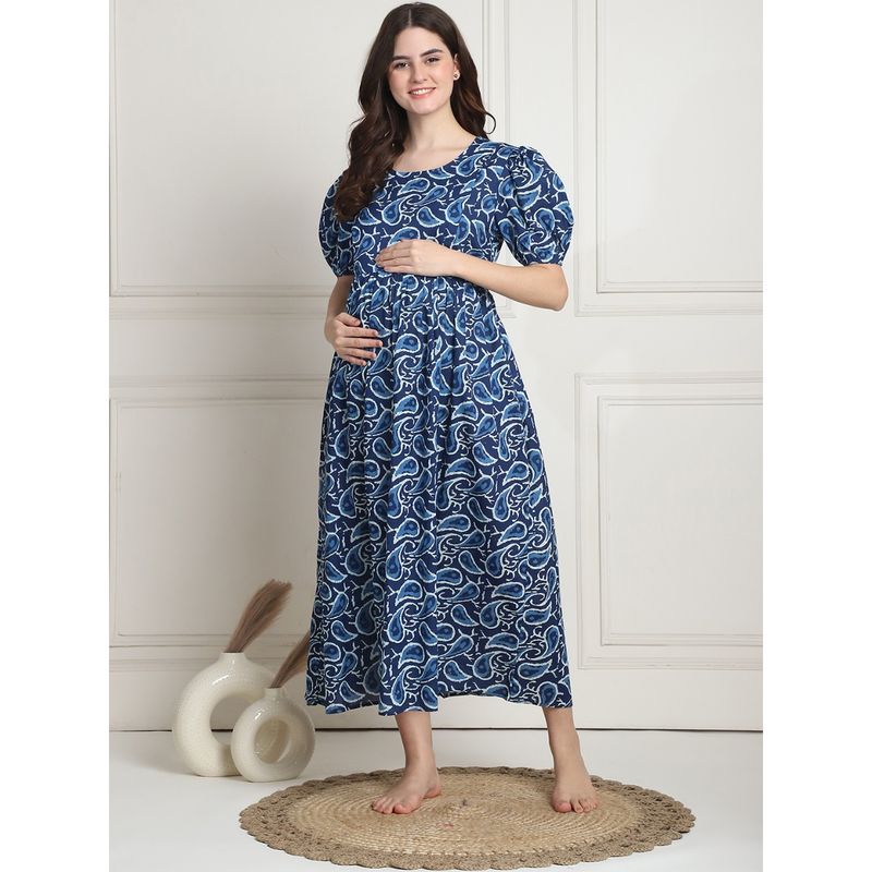 Secret Wish Printed Navy Blue Cotton Maternity Nightdress Calf Length (M)