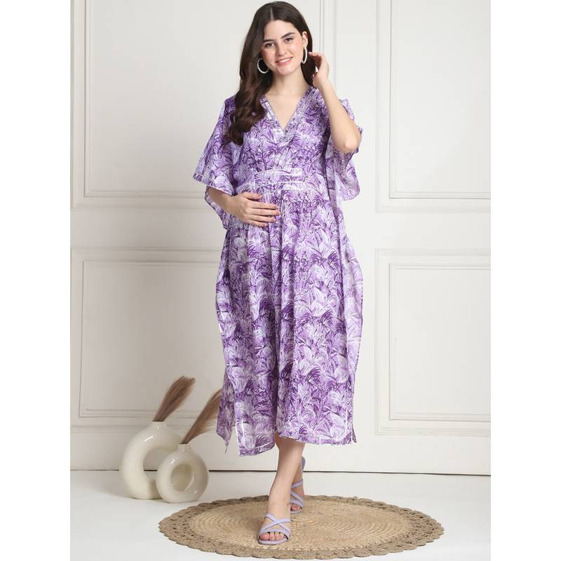 Secret Wish Floral Print Purple Cotton Maternity Kaftan Dress Calf Length (2XL)