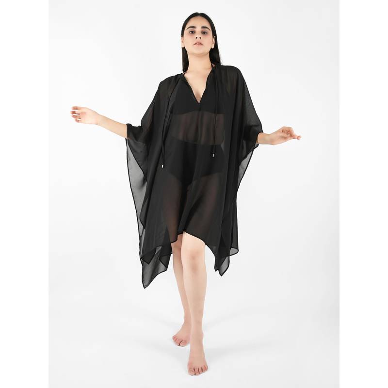 Blissence Women Solid Kaftan Swim Cover Up - Black (S)