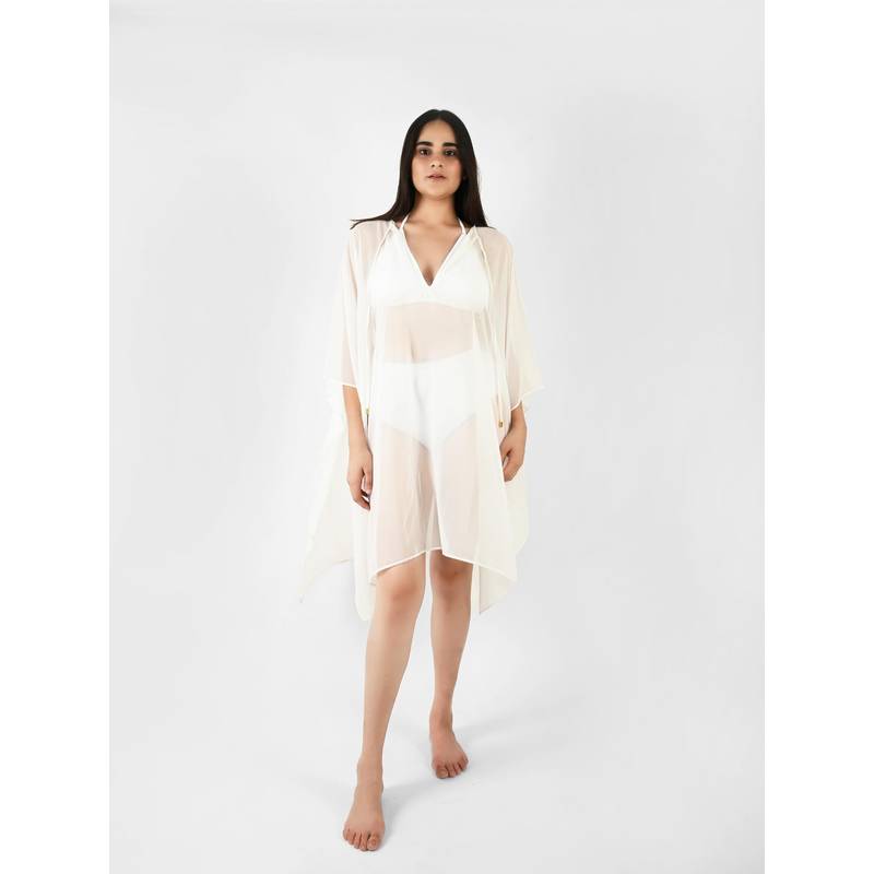 Blissence Women Solid Kaftan Swim Cover Up - White (S)