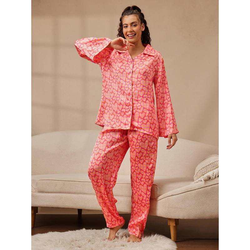 Clovia Women's Satin Heart Print Button-Down Shirt and Pyjama - Pink (3XL)