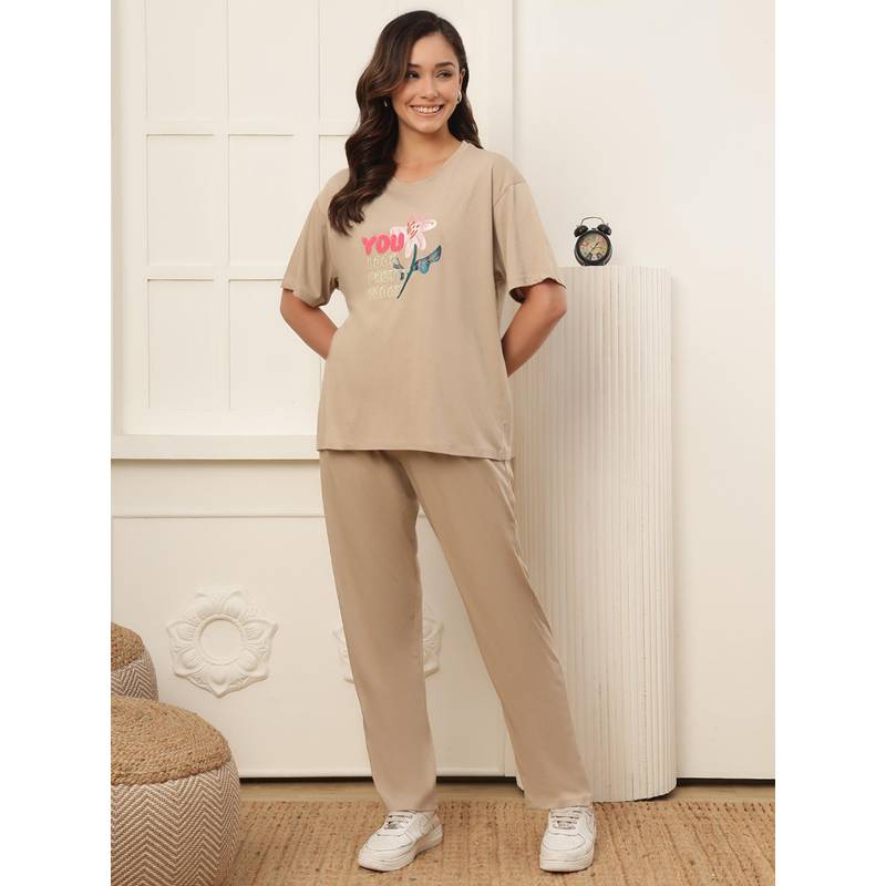 Kanvin Womens T-Shirt with Pyjama Nightsuit - Beige (S)