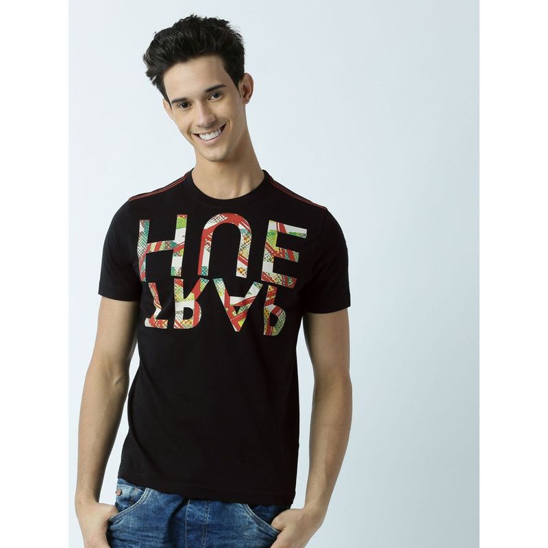 Huetrap Mens Printed Round Neck Black T-Shirt (M)