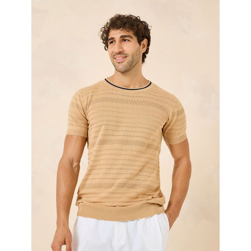 Styli Textured Knit Regular T-Shirt - Beige (M)