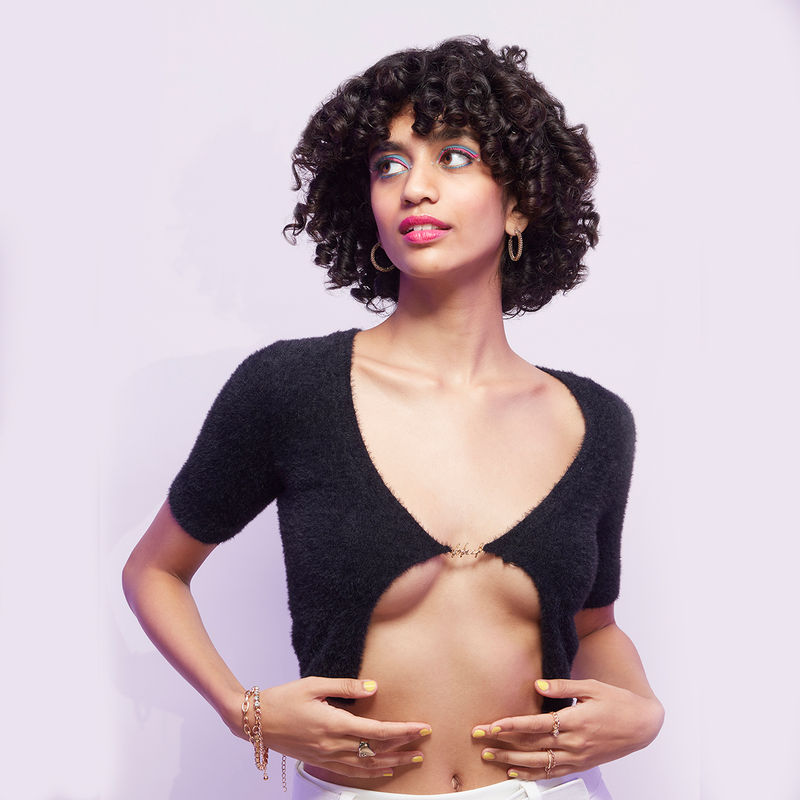 MIXT by Nykaa Fashion Black Textured Plunge Crop Top (S)