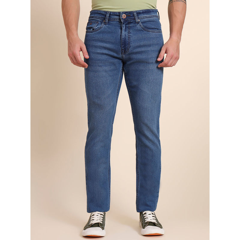 Greenfibre Blue Cotton Washed Straight Fit Jeans (34)