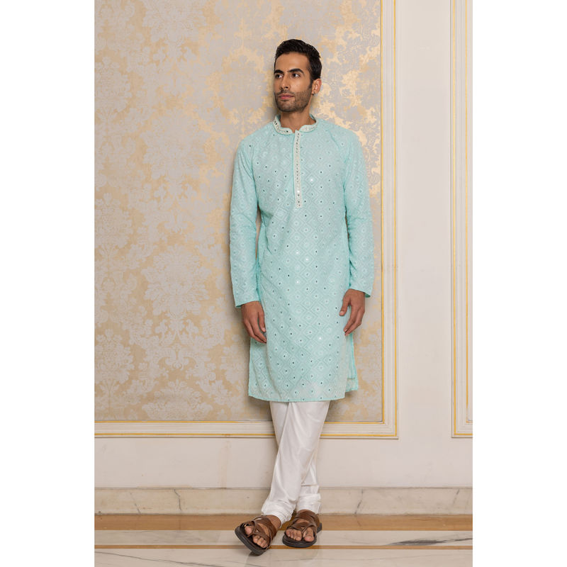 ETHNIC INDIA Geometric Embroidered Mandarin Collar Georgette Straight Blue Kurta (38)