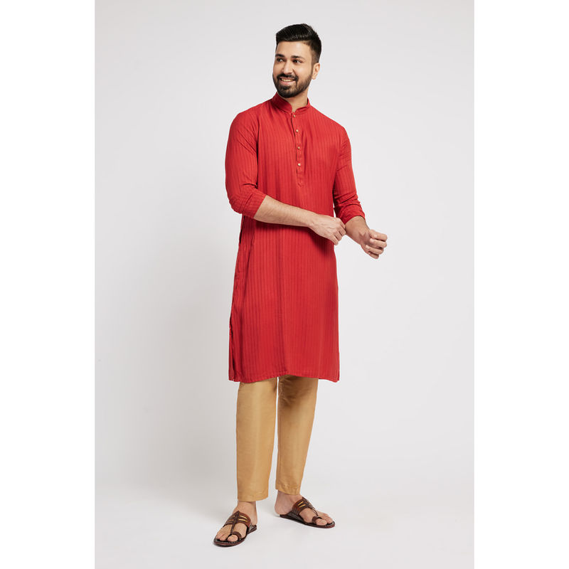 ETHNIC INDIA Striped Textured Mandarin Collar Viscose Rayon Straight Red Kurta (40)