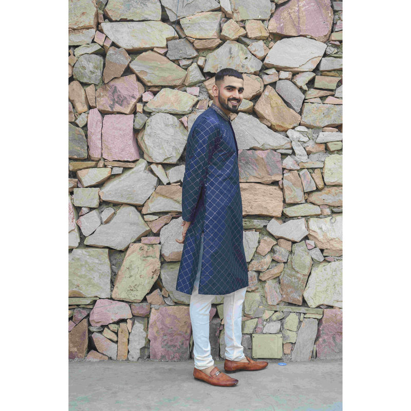 ETHNIC INDIA Geometric Embroidered Mandarin Collar Blended Straight Navy Blue Kurta (38)