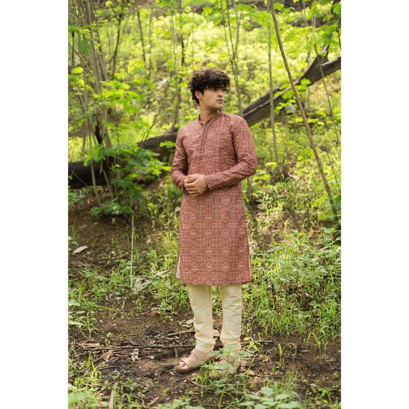 ETHNIC INDIA Geometric Printed Mandarin Collar Blended Straight Red Kurta (38)