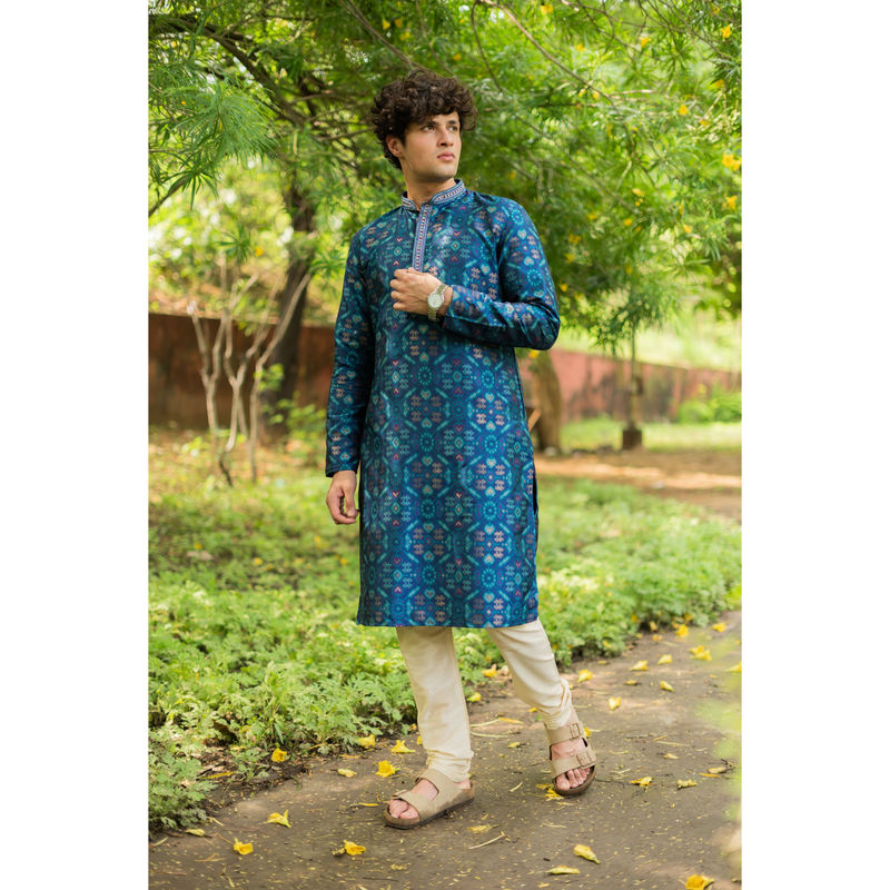 ETHNIC INDIA Woven Design Mandarin Collar Blended Straight Blue Kurta (38)