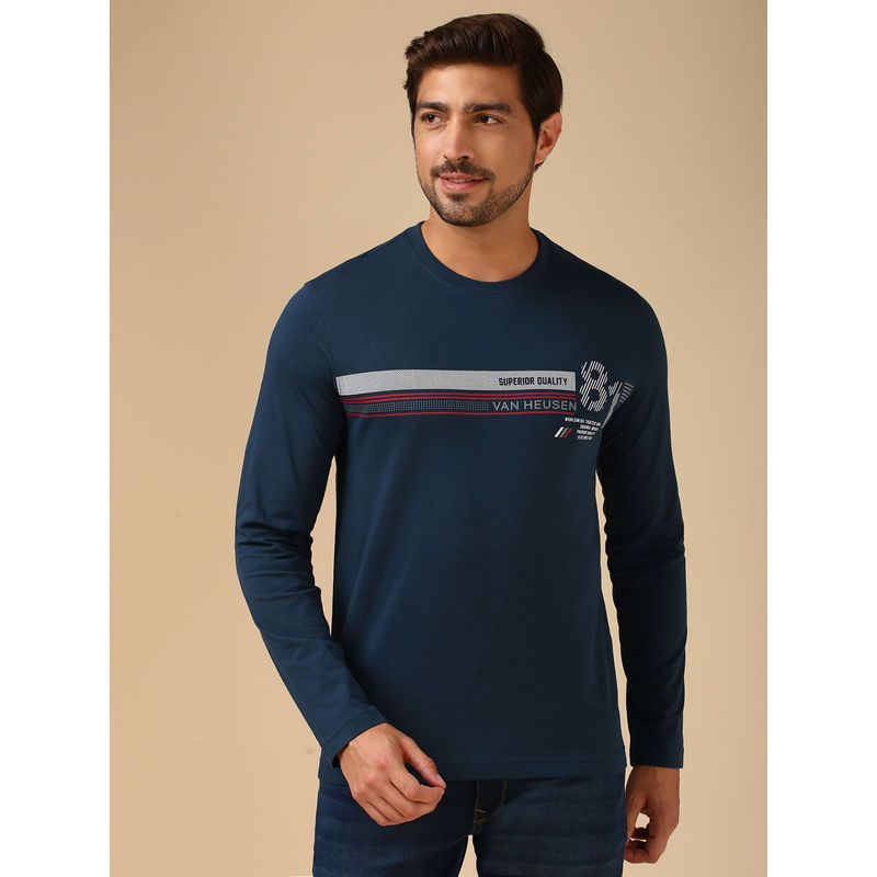 Van Heusen Men Navy Blue Printed Regular Fit T-Shirt (S)