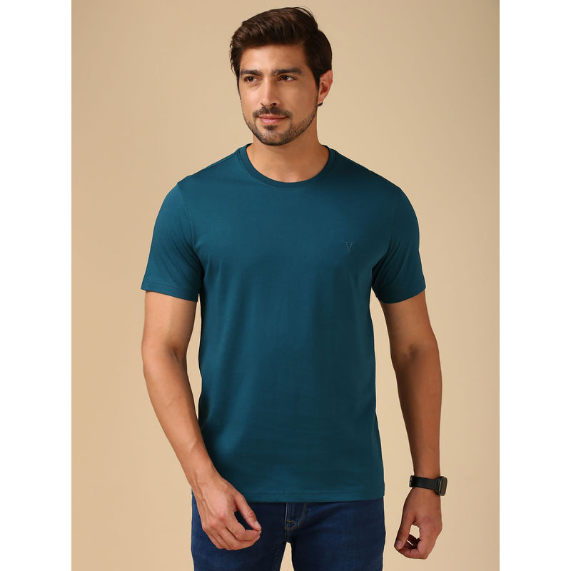 Van Heusen Men Teal Solid Regular Fit T-Shirt (L)