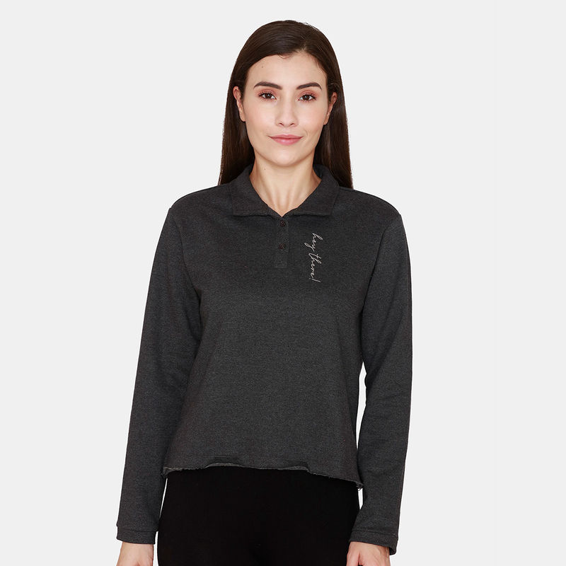 Zivame Fleece Marl Knit Cotton Sweatshirt With Soft Brushed Back - Anthracite (XL)