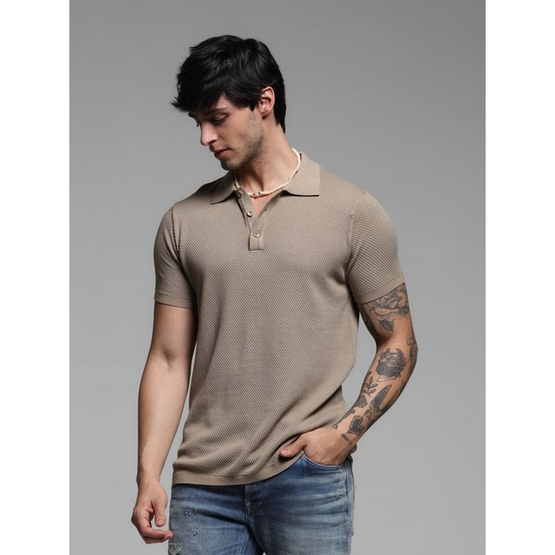 Jack & Jones Brown Slim Fit Knit Textured Polo T-Shirt (2XL)