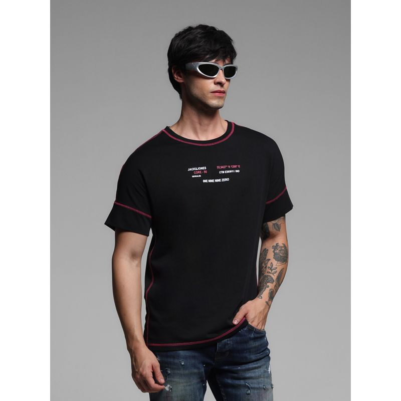 Jack & Jones Black Regular Fit Round Neck Typography Print T-Shirt (S)