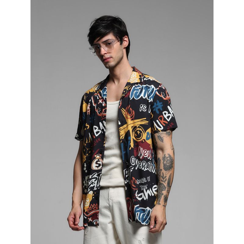 Jack & Jones Black Graphic Print Short Sleeves Shirt (XL)