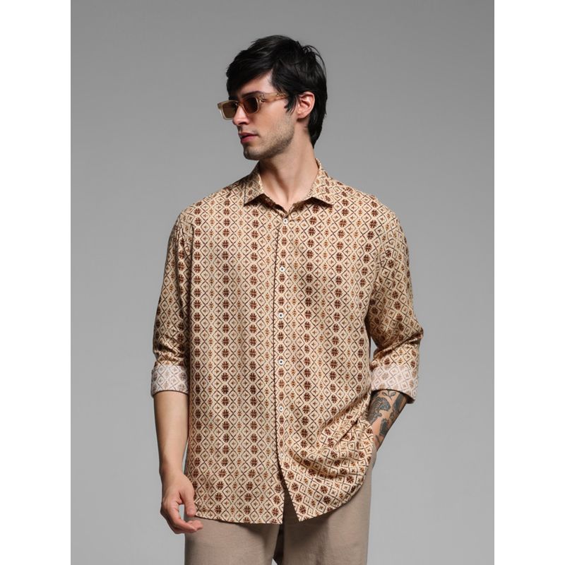 Jack & Jones Brown Regular Fit Long Sleeve Printed Shirt (L)