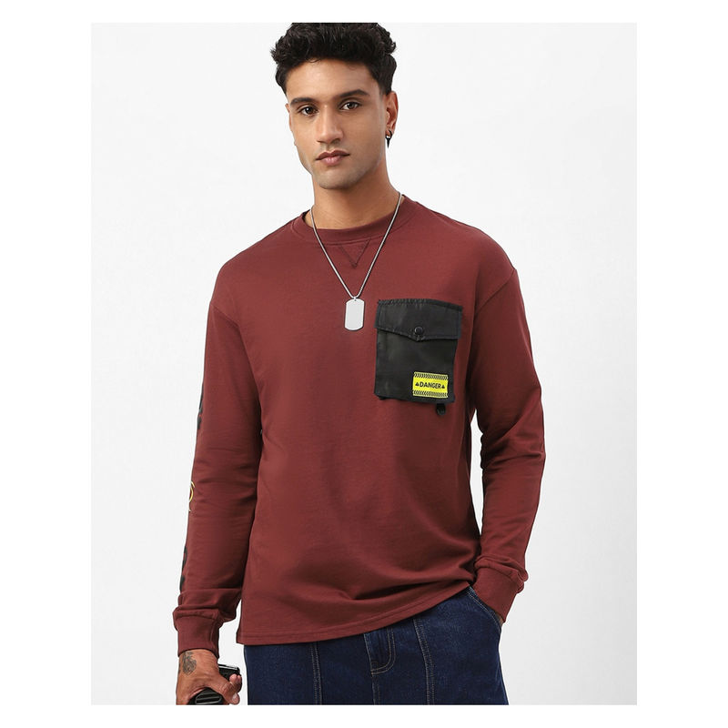 Bewakoof Heavy Duty 1.0 Men's Brick Red Caution Graphic Printed Oversized T-shirt (M)